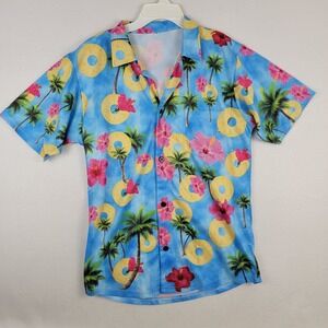 Hawaiian Tropical Short-Sleeve Button-Up Shirt Blue Pink Pineapples Palms M